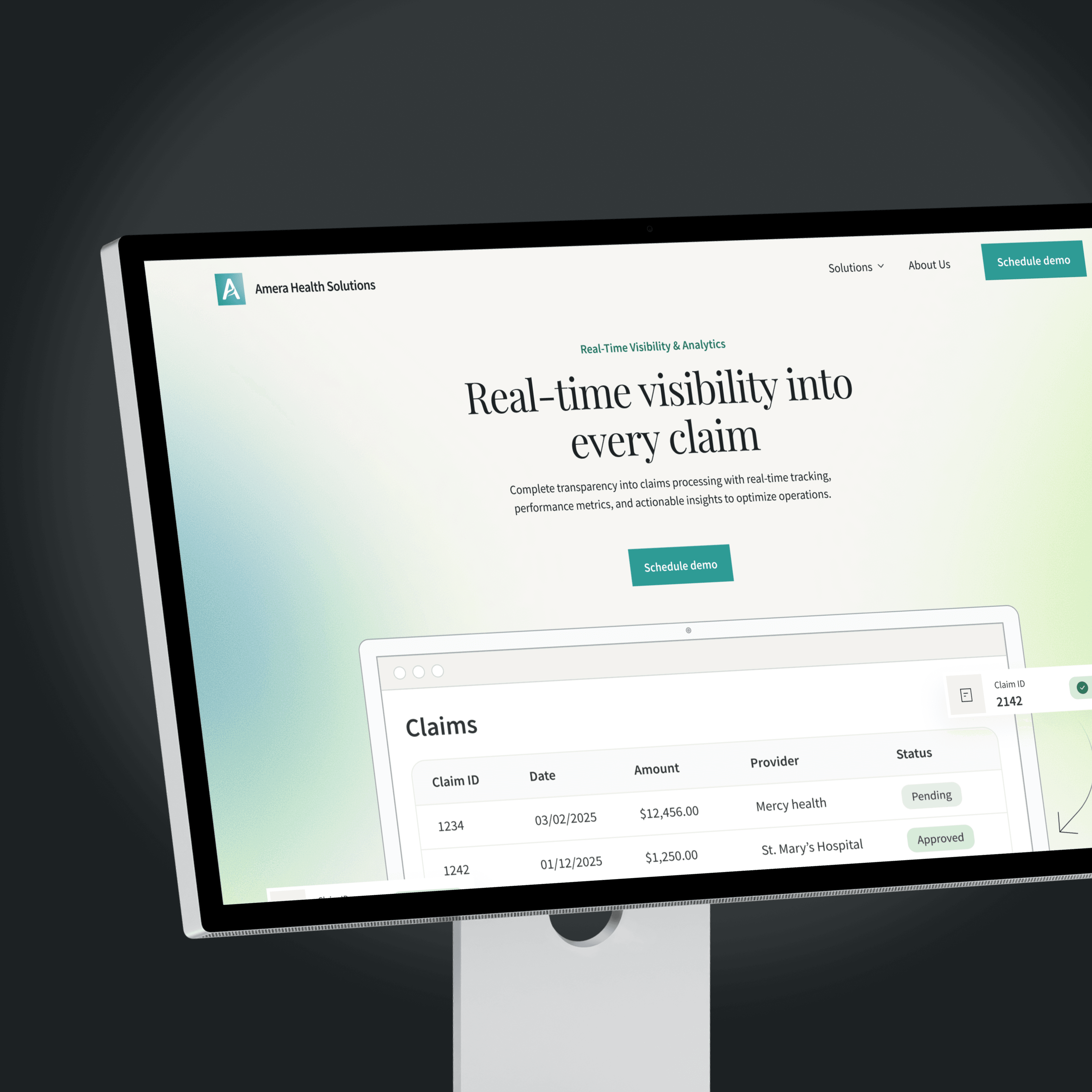 Amera Health Solutions website homepage on a monitor, headlined "Real-time visibility into every claim," showing a claims dashboard with statuses like Pending and Approved