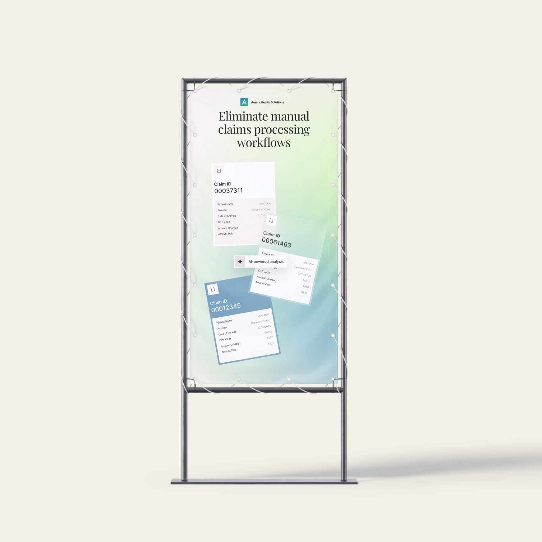 Amera Health Solutions banner reading "Eliminate manual claims processing workflows" with sample claim cards and an "AI-powered analysis" label