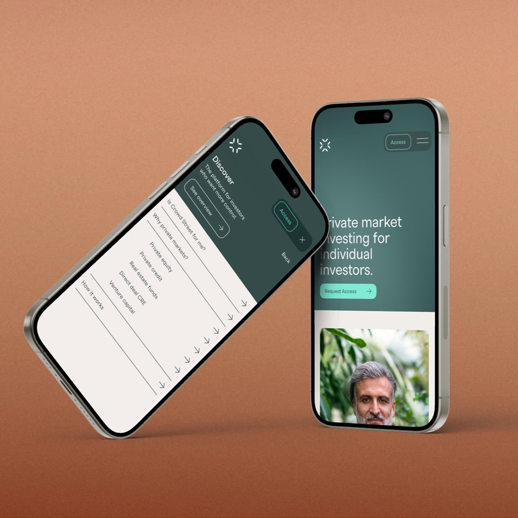 Two phone screens showing a private markets investing app: a homepage headline "Private market investing for individual investors" and a Discover menu with topics like private equity and real estate funds