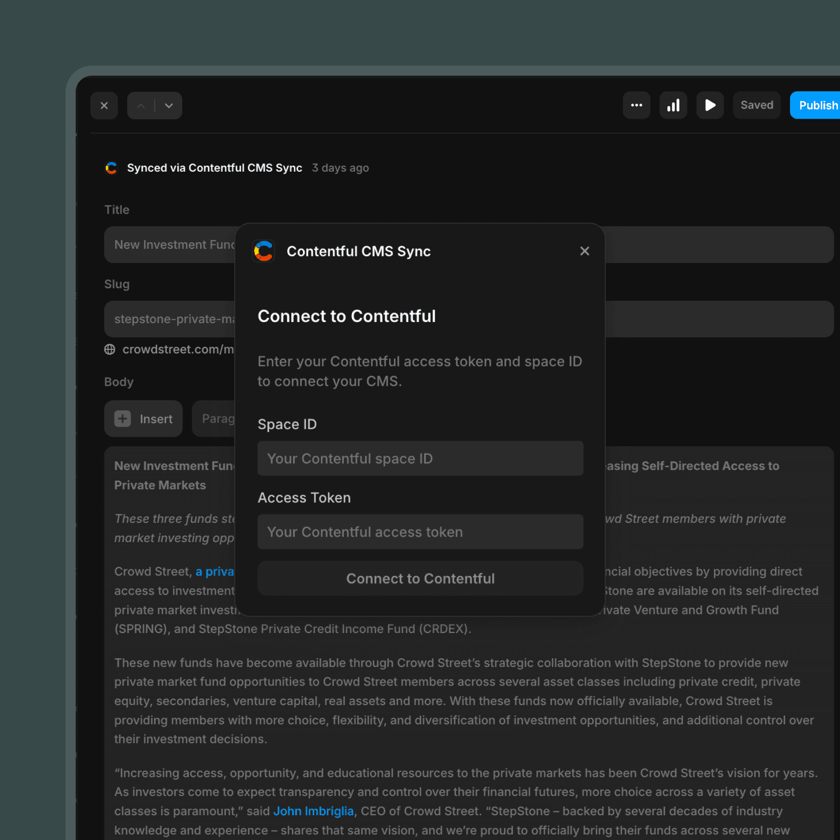 Dialog titled 'Connect to Contentful' prompting entry of a Contentful space ID and access token to sync the CMS, over a blog post editor
