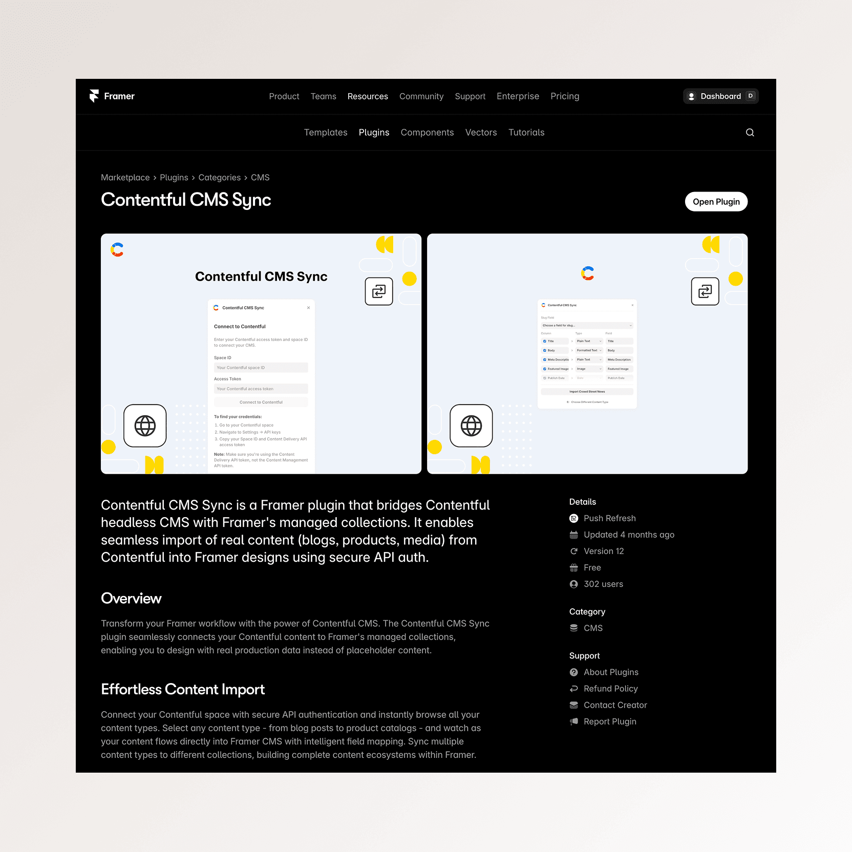 Screenshots of the Contentful CMS Sync plugin panels for connecting to Contentful and mapping content fields to Framer collections