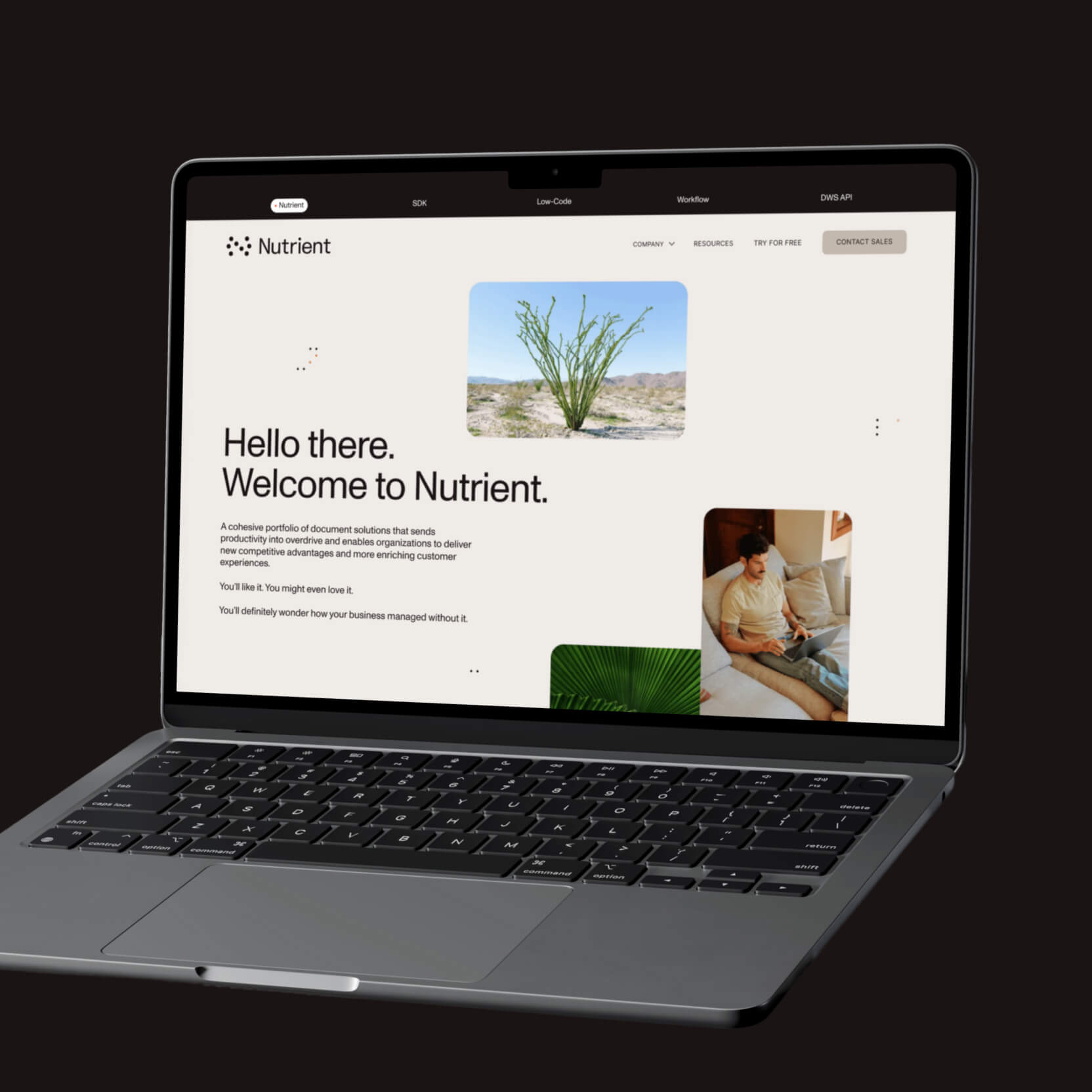 Laptop screen showing Nutrient's homepage with "Hello there. Welcome to Nutrient." headline and product navigation menu