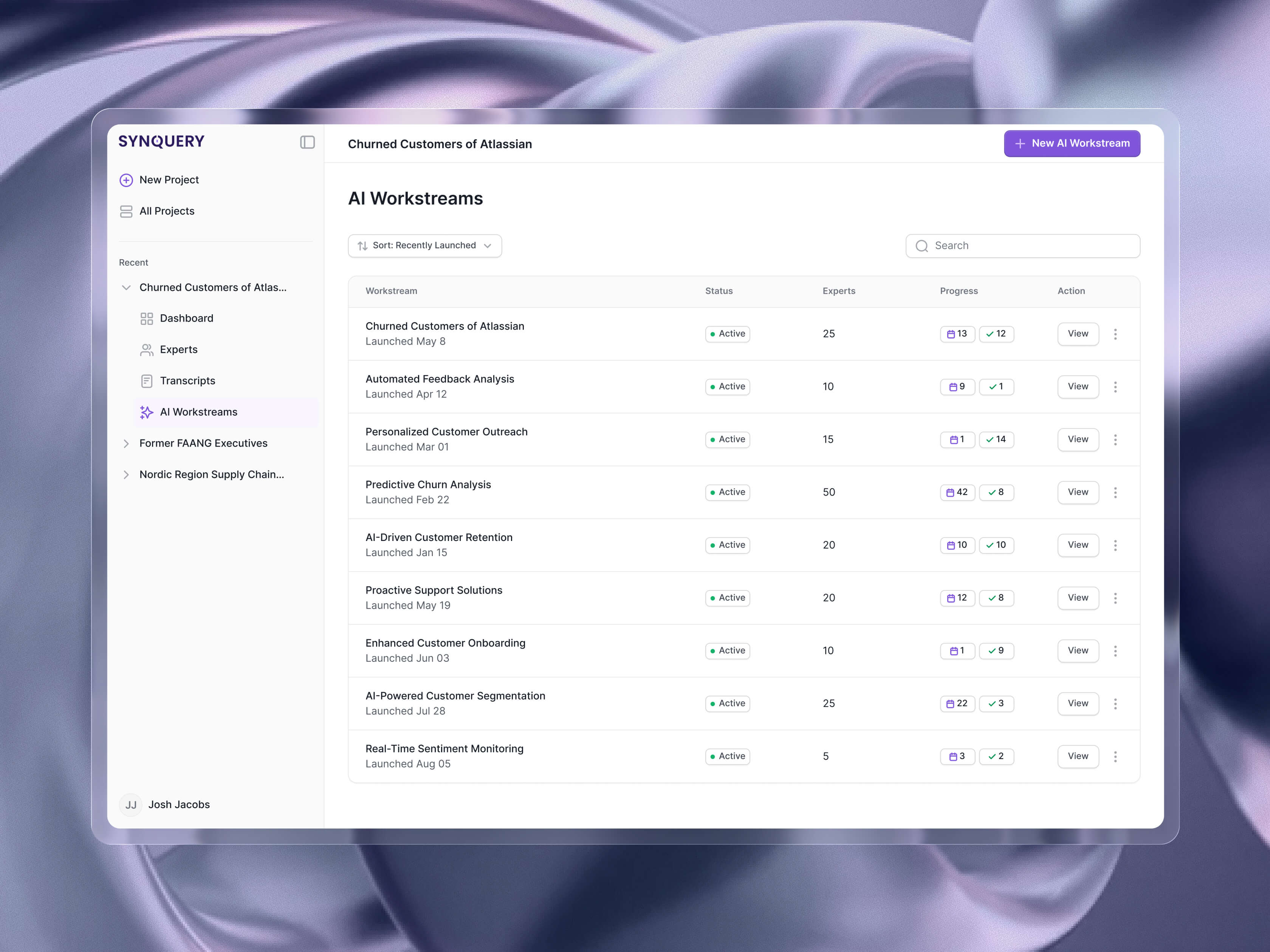 Synquery dashboard listing nine active AI workstreams like Predictive Churn Analysis, each with expert counts, progress, and a View action